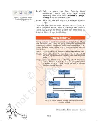 Domestic Data entry operator – class X
40
Step 3. Select a group tool from Drawing Object
Properties Toolbar (Fig. 2.23). Alternatively,
selecting from main menu Format > Group >
Group will also do same work.
Step 4. This process will group the selected drawing
objects.
There are four options under Group option. These are
Group, Ungroup, Enter Group, Exit Group. The icons as
shown in Fig. 2.29 for these options also present in the
Drawing Object Properties Toolbar.
Fig. 2.29: Grouping tools in
Drawing Object Properties
toolbar
Practical Activity 2.7
Group all items of Family tree created in Activity 2.5 and 2.6, in
the file “family1.odt”. Using the group, change the properties of
Rectangle (Fill color – lime yellow, border line – orange with 0.08”
width) and Line (color – black, Style – ultrafine dashed) used in
Family Tree.
Step 1. Open the document “family.odt” created earlier in Writer.
Step 2. Select all the lines. For this click on the first line, hold
the Shift key and keep on selecting other lines to group
them.
Step 3. Click on Group tool in Drawing Object Properties
toolbar. Observe that all the lines are grouped together
as shown in Fig. 2.30. Now change the color of all lines
grouped together to black.
Fig. 2.30: All the lines are grouped together and changed
the color to black
2023-24
 