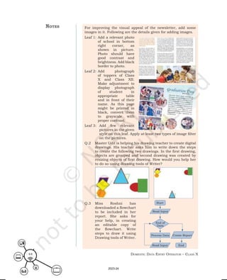Domestic Data entry operator – class X
44
For improving the visual appeal of the newsletter, add some
images in it. Following are the details given for adding images.
Leaf 1: Add a relevant photo
of school in bottom
right corner, as
shown in picture.
Photo should have
good contrast and
brightness. Add black
border to photo.
Leaf 2: Add photograph
of toppers of Class
X and Class XII.
Make adjustment to
display photograph
of student in
appropriate table
and in front of their
name. As this page
might be printed in
black, convert them
to grayscale with
proper contrast.
Leaf 3: Add few relevant
pictures in the given
style on this leaf. Apply at least two types of image filter
on the pictures.
Q.2 Master Udit is helping his drawing teacher to create digital
drawings. His teacher asks him to write down the steps
to create the following two drawings. In the first drawing,
objects are grouped and second drawing was created by
resizing objects of first drawing. How would you help her
to do so using drawing tools of Writer?
Q.3 Miss Roshni has
downloaded a flowchart
to be included in her
report. She asks for
your help, in creating
an editable copy of
the flowchart. Write
steps to draw it using
Drawing tools of Writer.
notes
Start
End
Read Input
Process Data Create Report
End of
Data
Read Input
2023-24
 
