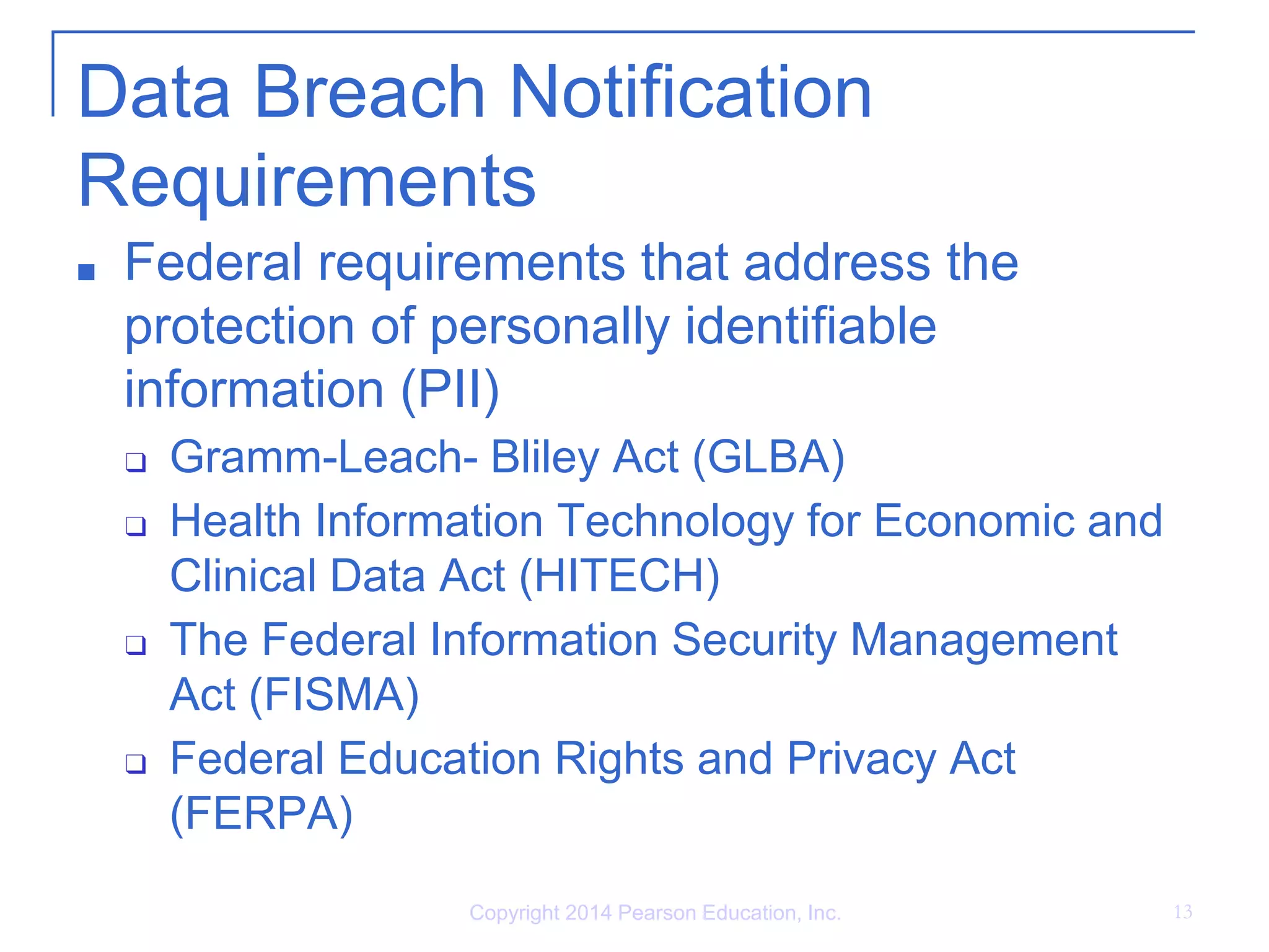 Data Breach Notification
Requirements
■ Federal requirements that address the
protection of personally identifiable
information (PII)
❑ Gramm-Leach- Bliley Act (GLBA)
❑ Health Information Technology for Economic and
Clinical Data Act (HITECH)
❑ The Federal Information Security Management
Act (FISMA)
❑ Federal Education Rights and Privacy Act
(FERPA)
Copyright 2014 Pearson Education, Inc. 13
 