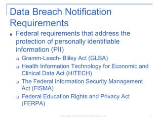 Data Breach Notification
Requirements
■ Federal requirements that address the
protection of personally identifiable
information (PII)
❑ Gramm-Leach- Bliley Act (GLBA)
❑ Health Information Technology for Economic and
Clinical Data Act (HITECH)
❑ The Federal Information Security Management
Act (FISMA)
❑ Federal Education Rights and Privacy Act
(FERPA)
Copyright 2014 Pearson Education, Inc. 13
 