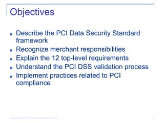 Copyright 2014 Pearson Education, Inc. 2
Objectives
■ Describe the PCI Data Security Standard
framework
■ Recognize merchant responsibilities
■ Explain the 12 top-level requirements
■ Understand the PCI DSS validation process
■ Implement practices related to PCI
compliance
 