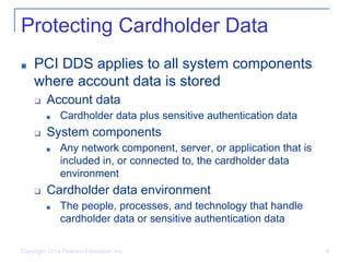 Copyright 2014 Pearson Education, Inc. 4
Protecting Cardholder Data
■ PCI DDS applies to all system components
where account data is stored
❑ Account data
■ Cardholder data plus sensitive authentication data
❑ System components
■ Any network component, server, or application that is
included in, or connected to, the cardholder data
environment
❑ Cardholder data environment
■ The people, processes, and technology that handle
cardholder data or sensitive authentication data
 