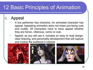 13
12 Basic Principles of Animation
6. Appeal
 A live performer has charisma. An animated character has
appeal. Appealing animation does not mean just being cute
and cuddly. All characters have to have appeal whether
they are heroic, villainous, comic or cute.
 Appeal, as you will use it, includes an easy to read design,
clear drawing, and personality development that will capture
and involve the audience¹s interest.
 
