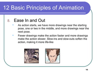 15
12 Basic Principles of Animation
8. Ease In and Out
 As action starts, we have more drawings near the starting
pose, one or two in the middle, and more drawings near the
next pose.
 Fewer drawings make the action faster and more drawings
make the action slower. Slow-ins and slow-outs soften the
action, making it more life-like
 
