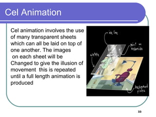 33
Cel Animation
Cel animation involves the use
of many transparent sheets
which can all be laid on top of
one another. The images
on each sheet will be
Changed to give the illusion of
movement this is repeated
until a full length animation is
produced
 