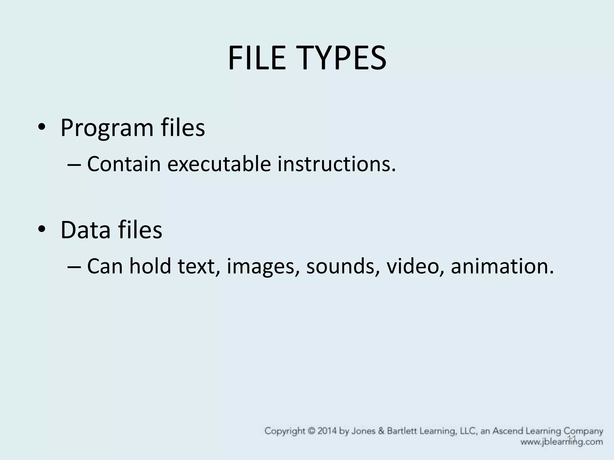 FILE TYPES
• Program files
– Contain executable instructions.
• Data files
– Can hold text, images, sounds, video, animation.
11
 