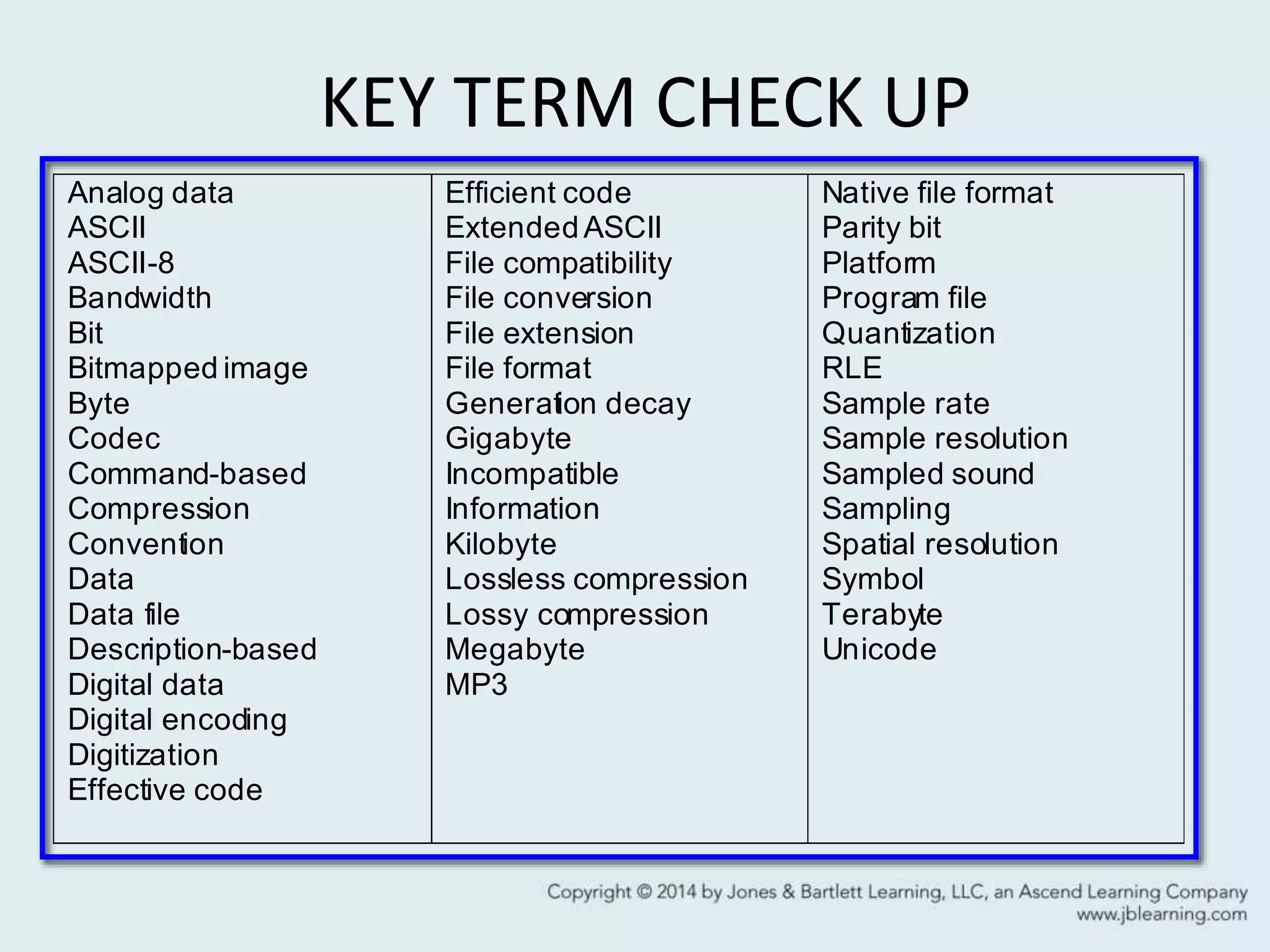 KEY TERM CHECK UP
Analog data
ASCII
ASCII-8
Bandwidth
Bit
Bitmapped image
Byte
Codec
Command-based
Compression
Convention
Data
Data file
Description-based
Digital data
Digital encoding
Digitization
Effective code
Efficient code
ExtendedASCII
File compatibility
File conversion
File extension
File format
Generation decay
Gigabyte
Incompatible
Information
Kilobyte
Lossless compression
Lossy compression
Megabyte
MP3
Native file format
Parity bit
Platform
Program file
Quantization
RLE
Sample rate
Sample resolution
Sampled sound
Sampling
Spatial resolution
Symbol
Terabyte
Unicode
 