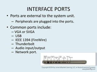 INTERFACE PORTS
• Ports are external to the system unit.
– Peripherals are plugged into the ports.
• Common ports include:
– VGA or SVGA
– USB
– IEEE 1394 (FireWire)
– Thunderbolt
– Audio input/output
– Network port.
18
 