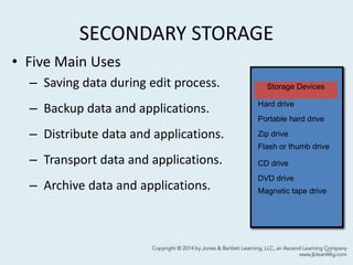 SECONDARY STORAGE
• Five Main Uses
– Saving data during edit process.
– Backup data and applications.
– Distribute data and applications.
– Transport data and applications.
– Archive data and applications.
22
Storage Devices
Hard drive
Portable hard drive
Zip drive
Flash or thumb drive
CD drive
DVD drive
Magnetic tape drive
 