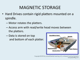 MAGNETIC STORAGE
• Hard Drives contain rigid platters mounted on a
spindle.
– Motor rotates the platters.
– Access arm with read/write head moves between
the platters.
– Data is stored on top
and bottom of each platter.
24
 