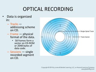 OPTICAL RECORDING
• Data is organized
in:
– Tracks —
addressing scheme
on CD.
– Frame — physical
format of the data.
• 58 frames form a
sector on CD-ROM
or 2048 bytes of
data code.
– Sessions — single
recorded segment
on CD.
31
 