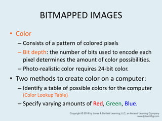 BITMAPPED IMAGES
• Color
– Consists of a pattern of colored pixels
– Bit depth: the number of bits used to encode each
pixel determines the amount of color possibilities.
– Photo-realistic color requires 24-bit color.
• Two methods to create color on a computer:
– Identify a table of possible colors for the computer
(Color Lookup Table)
– Specify varying amounts of Red, Green, Blue.
14
 