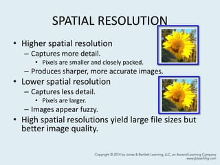 SPATIAL RESOLUTION
• Higher spatial resolution
– Captures more detail.
• Pixels are smaller and closely packed.
– Produces sharper, more accurate images.
• Lower spatial resolution
– Captures less detail.
• Pixels are larger.
– Images appear fuzzy.
• High spatial resolutions yield large file sizes but
better image quality.
17
 
