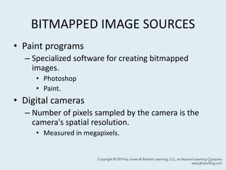 BITMAPPED IMAGE SOURCES
• Paint programs
– Specialized software for creating bitmapped
images.
• Photoshop
• Paint.
• Digital cameras
– Number of pixels sampled by the camera is the
camera's spatial resolution.
• Measured in megapixels.
27
 