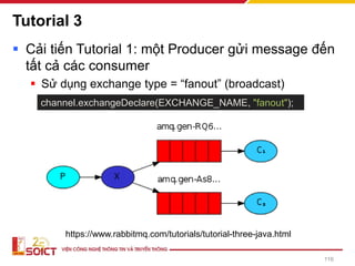 Tutorial 3
▪ Cải tiến Tutorial 1: một Producer gửi message đến
tất cả các consumer
▪ Sử dụng exchange type = “fanout” (broadcast)
channel.exchangeDeclare(EXCHANGE_NAME, "fanout");
https://www.rabbitmq.com/tutorials/tutorial-three-java.html
116
 