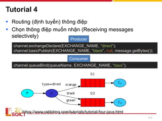 Tutorial 4
▪ Routing (định tuyến) thông điệp
▪ Chọn thông điệp muốn nhận (Receiving messages
selectively)
https://www.rabbitmq.com/tutorials/tutorial-four-java.html
channel.exchangeDeclare(EXCHANGE_NAME, "direct");
channel.basicPublish(EXCHANGE_NAME, “black”, null, message.getBytes());
channel.queueBind(queueName, EXCHANGE_NAME, “black”);
Producer
Consumer
117
 