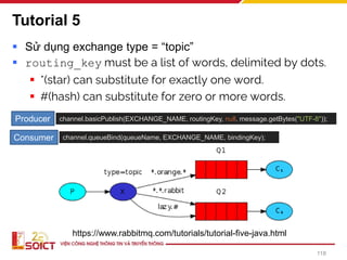 Tutorial 5
▪ Sử dụng exchange type = “topic”
▪ routing_key must be a list of words, delimited by dots.
▪ *(star) can substitute for exactly one word.
▪ #(hash) can substitute for zero or more words.
https://www.rabbitmq.com/tutorials/tutorial-five-java.html
channel.basicPublish(EXCHANGE_NAME, routingKey, null, message.getBytes("UTF-8"));
channel.queueBind(queueName, EXCHANGE_NAME, bindingKey);
Producer
Consumer
118
 