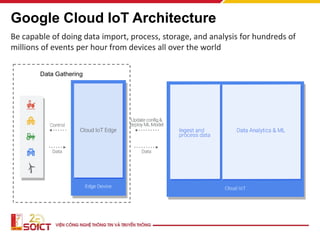 Be capable of doing data import, process, storage, and analysis for hundreds of
millions of events per hour from devices all over the world
Google Cloud IoT Architecture
 