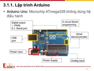 3.1.1. Lập trình Arduino
▪ Arduino Uno: Microchip ATmega328 không dùng hệ
điều hành
137
Digital output
~: PWM.
0,1: Serial port.
In circuit Serial
programming
Atmel
MicroController
Analog input.
Power Supply
USB
port
Power input
 