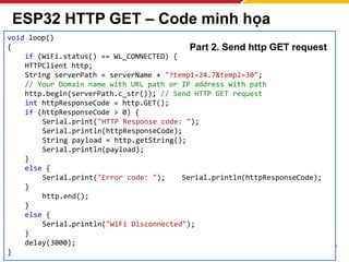 ESP32 HTTP GET – Code minh họa
159
void loop()
{
if (WiFi.status() == WL_CONNECTED) {
HTTPClient http;
String serverPath = serverName + "?temp1=24.7&temp2=30";
// Your Domain name with URL path or IP address with path
http.begin(serverPath.c_str()); // Send HTTP GET request
int httpResponseCode = http.GET();
if (httpResponseCode > 0) {
Serial.print("HTTP Response code: ");
Serial.println(httpResponseCode);
String payload = http.getString();
Serial.println(payload);
}
else {
Serial.print("Error code: "); Serial.println(httpResponseCode);
}
http.end();
}
else {
Serial.println("WiFi Disconnected");
}
delay(3000);
}
Part 2. Send http GET request
 