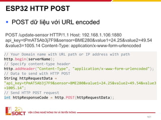 ESP32 HTTP POST
▪ POST dữ liệu với URL encoded
161
POST /update-sensor HTTP/1.1 Host: 192.168.1.106:1880
api_key=tPmAT5Ab3j7F9&sensor=BME280&value1=24.25&value2=49.54
&value3=1005.14 Content-Type: application/x-www-form-urlencoded
// Your Domain name with URL path or IP address with path
http.begin(serverName);
// Specify content-type header
http.addHeader("Content-Type", "application/x-www-form-urlencoded");
// Data to send with HTTP POST
String httpRequestData =
"api_key=tPmAT5Ab3j7F9&sensor=BME280&value1=24.25&value2=49.54&value3
=1005.14";
// Send HTTP POST request
int httpResponseCode = http.POST(httpRequestData);
 