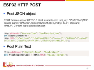 ESP32 HTTP POST
▪ Post JSON object
162
POST /update-sensor HTTP/1.1 Host: example.com {api_key: "tPmAT5Ab3j7F9",
sensor_name: "BME280", temperature: 24.25; humidity: 49.54; pressure:
1005.14} Content-Type: application/json
http.addHeader("Content-Type", "application/json");
int httpResponseCode =
http.POST("{"api_key":"tPmAT5Ab3j7F9","sensor":"BME280","value1"
:"24.25","value2":"49.54","value3":"1005.14"}");
▪ Post Plain Text
http.addHeader("Content-Type", "text/plain");
int httpResponseCode = http.POST("Hello, World!");
 