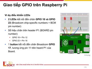 Ví dụ điều khiển LEDs
▪ 2 LEDs kết nối đến chân GPIO 18 và GPIO
23 (Broadcom chip-specific numbers = BCM
pin number)
▪ Số hiệu chân trên header P1 (BOARD pin
number):
▪ GPIO 18 = Pin 12
▪ GPIO 23 = Pin 16
▪ 1 button kết nối đến chân Broadcom GPIO
17, tương ứng pin 11 trên heard P1 của
Board.
Giao tiếp GPIO trên Raspberry Pi
176
 