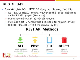 RESTful API
▪ Dựa trên giao thức HTTP. Sử dụng các phương thức http
• GET: Lấy về (READ) một tài nguyên cụ thể (by Id) hoặc một
danh sách tài nguyên (Resource).
• POST: Tạo mới (CREATE) một tài nguyên.
• PUT: Cập nhật (UPDATE) thông tin cho 1 tài nguyên (by Id).
• DELETE: Xóa (DELETE) 1 tài nguyên (by Id).
211
 