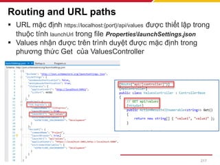 Routing and URL paths
▪ URL mặc định https://localhost:{port}/api/values được thiết lập trong
thuộc tính launchUrl trong file PropertieslaunchSettings.json
▪ Values nhận được trên trình duyệt được mặc định trong
phương thức Get của ValuesController
217
 