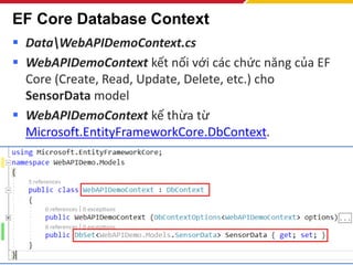 EF Core Database Context
▪ DataWebAPIDemoContext.cs
▪ WebAPIDemoContext kết nối với các chức năng của EF
Core (Create, Read, Update, Delete, etc.) cho
SensorData model
▪ WebAPIDemoContext kế thừa từ
Microsoft.EntityFrameworkCore.DbContext.
225
 