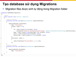 Tạo database sử dụng Migrations
▪ Migration files được sinh tự động trong Migration folder
229
 