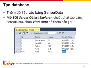 Tạo database
▪ Thêm dữ liệu vào bảng SensorData
▪ Mở SQL Server Object Explorer, chuột phải vào bảng
SensorData, chọn View Data để thêm bản ghi
231
 