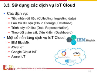 3.3. Sử dụng các dịch vụ IoT Cloud
▪ Các dịch vụ:
▪ Tiếp nhận dữ liệu (Collecting, Ingesting data)
▪ Lưu trữ dữ liệu (Cloud Storage, Database)
▪ Trình bày dữ liệu (Data Representation),
▪ Theo dõi giám sát, điều khiển (Dashboard)
▪ Một số nền tảng dịch vụ IoT Cloud:
▪ IBM BlueMix
▪ AWS IoT
▪ Google Cloud IoT
▪ Azure IoT
245
 