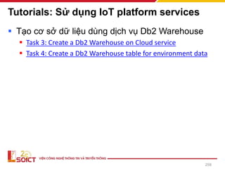Tutorials: Sử dụng IoT platform services
▪ Tạo cơ sở dữ liệu dùng dịch vụ Db2 Warehouse
▪ Task 3: Create a Db2 Warehouse on Cloud service
▪ Task 4: Create a Db2 Warehouse table for environment data
258
 
