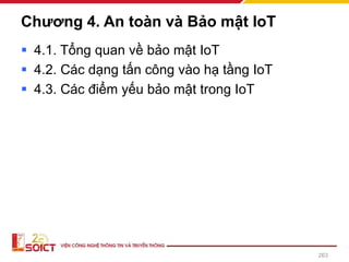 Chương 4. An toàn và Bảo mật IoT
▪ 4.1. Tổng quan về bảo mật IoT
▪ 4.2. Các dạng tấn công vào hạ tầng IoT
▪ 4.3. Các điểm yếu bảo mật trong IoT
263
 