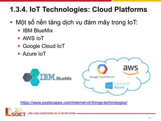 1.3.4. IoT Technologies: Cloud Platforms
▪ Một số nền tảng dịch vụ đám mây trong IoT:
▪ IBM BlueMix
▪ AWS IoT
▪ Google Cloud IoT
▪ Azure IoT
31
https://www.postscapes.com/internet-of-things-technologies/
 
