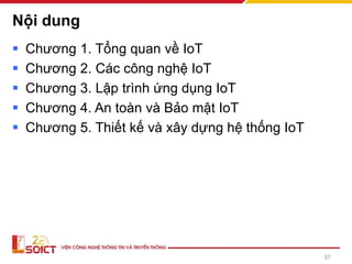 Nội dung
▪ Chương 1. Tổng quan về IoT
▪ Chương 2. Các công nghệ IoT
▪ Chương 3. Lập trình ứng dụng IoT
▪ Chương 4. An toàn và Bảo mật IoT
▪ Chương 5. Thiết kế và xây dựng hệ thống IoT
57
 
