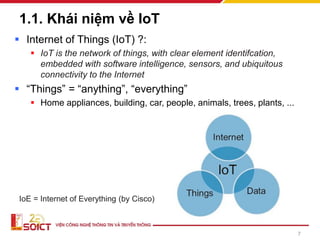 1.1. Khái niệm về IoT
▪ Internet of Things (IoT) ?:
▪ IoT is the network of things, with clear element identifcation,
embedded with software intelligence, sensors, and ubiquitous
connectivity to the Internet
▪ “Things” = “anything”, “everything”
▪ Home appliances, building, car, people, animals, trees, plants, ...
7
IoE = Internet of Everything (by Cisco)
 