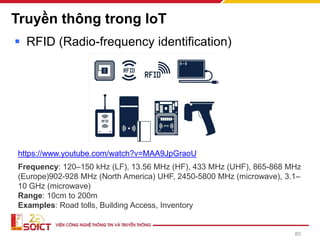 Truyền thông trong IoT
▪ RFID (Radio-frequency identification)
Frequency: 120–150 kHz (LF), 13.56 MHz (HF), 433 MHz (UHF), 865-868 MHz
(Europe)902-928 MHz (North America) UHF, 2450-5800 MHz (microwave), 3.1–
10 GHz (microwave)
Range: 10cm to 200m
Examples: Road tolls, Building Access, Inventory
https://www.youtube.com/watch?v=MAA9JpGraoU
80
 