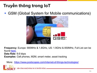 Truyền thông trong IoT
▪ GSM (Global System for Mobile communications)
Frequency: Europe: 900MHz & 1.8GHz, US: 1.9GHz & 850MHz, Full List can be
found here.
Data Rate: 9.6 kbps
Examples: Cell phones, M2M, smart meter, asset tracking
More: https://www.postscapes.com/internet-of-things-technologies/
84
 