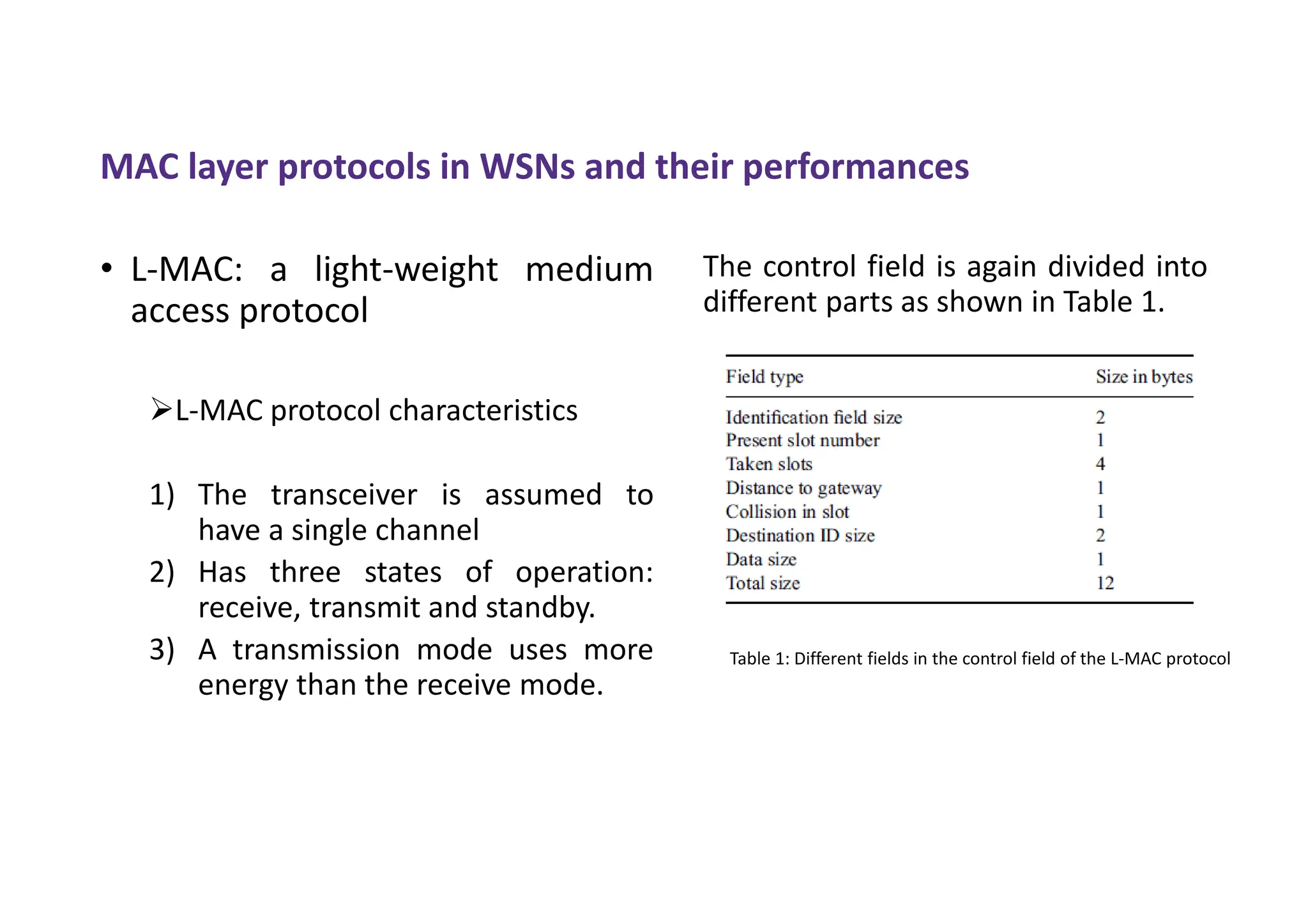 MAC layer protocols in WSNs and their performances
• L-MAC: a light-weight medium
access protocol
L-MAC protocol characteristics
1) The transceiver is assumed to
have a single channel
2) Has three states of operation:
receive, transmit and standby.
3) A transmission mode uses more
energy than the receive mode.
The control field is again divided into
different parts as shown in Table 1.
Table 1: Different fields in the control field of the L-MAC protocol
 
