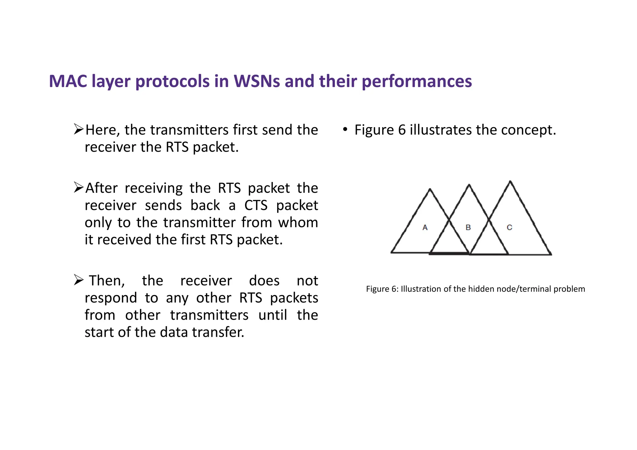 MAC layer protocols in WSNs and their performances
Here, the transmitters first send the
receiver the RTS packet.
After receiving the RTS packet the
receiver sends back a CTS packet
only to the transmitter from whom
it received the first RTS packet.
 Then, the receiver does not
respond to any other RTS packets
from other transmitters until the
start of the data transfer.
• Figure 6 illustrates the concept.
Figure 6: Illustration of the hidden node/terminal problem
 