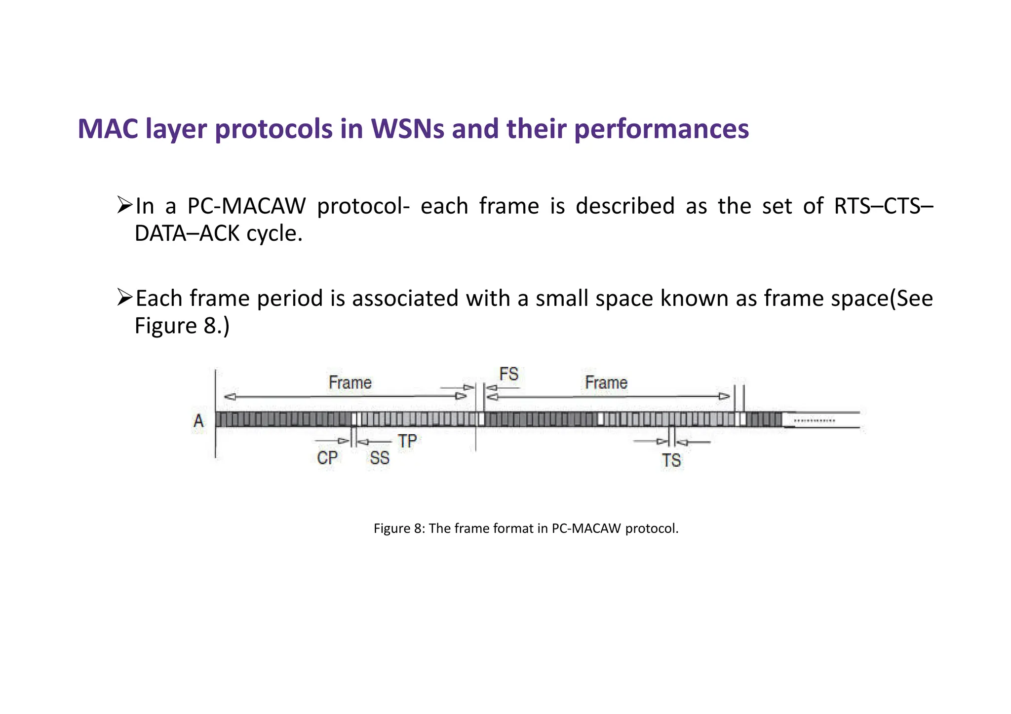 MAC layer protocols in WSNs and their performances
In a PC-MACAW protocol- each frame is described as the set of RTS–CTS–
DATA–ACK cycle.
Each frame period is associated with a small space known as frame space(See
Figure 8.)
Figure 8: The frame format in PC-MACAW protocol.
 