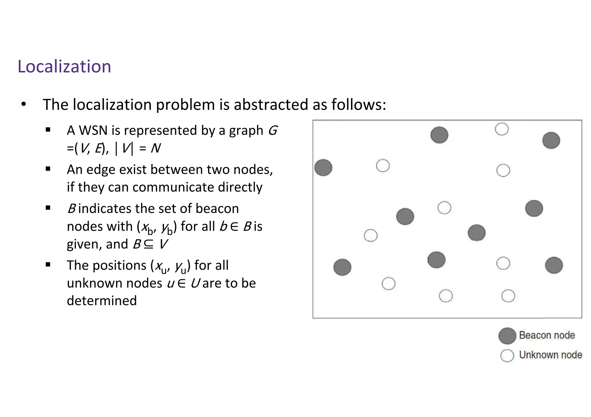 Localization
• The localization problem is abstracted as follows:
 A WSN is represented by a graph G
=(V, E), │V│ = N
 An edge exist between two nodes,
if they can communicate directly
 B indicates the set of beacon
nodes with (xb, yb) for all b ∈ B is
given, and B ⊆ V
 The positions (xu, yu) for all
unknown nodes u ∈ U are to be
determined
 