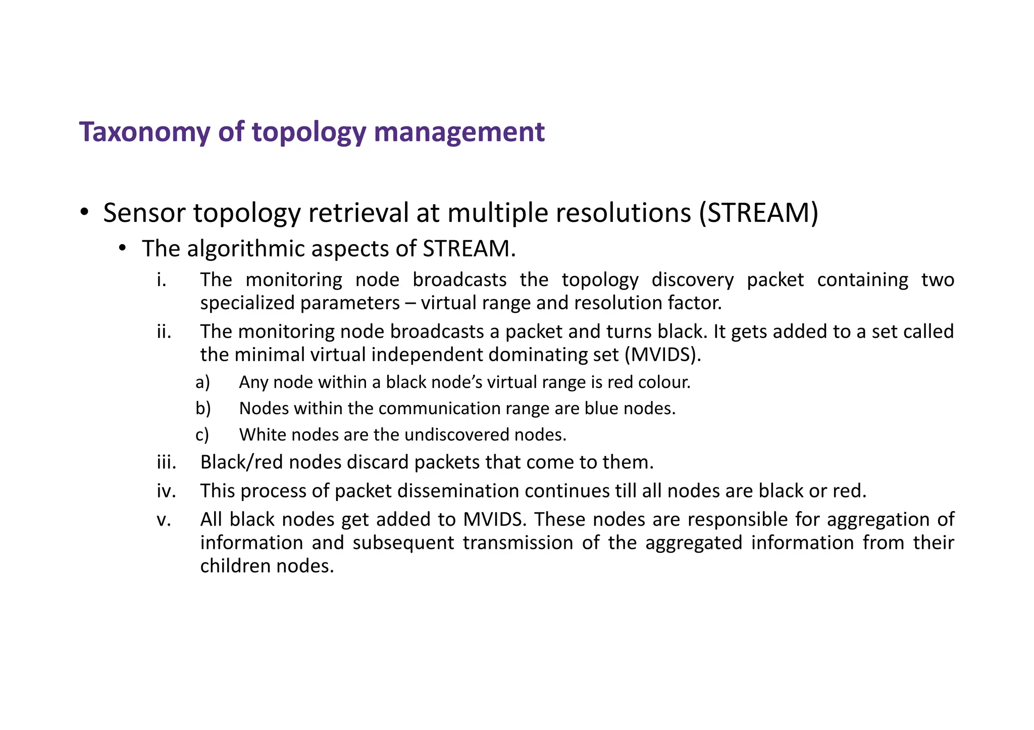 Taxonomy of topology management
• Sensor topology retrieval at multiple resolutions (STREAM)
• The algorithmic aspects of STREAM.
i. The monitoring node broadcasts the topology discovery packet containing two
specialized parameters – virtual range and resolution factor.
ii. The monitoring node broadcasts a packet and turns black. It gets added to a set called
the minimal virtual independent dominating set (MVIDS).
a) Any node within a black node’s virtual range is red colour.
b) Nodes within the communication range are blue nodes.
c) White nodes are the undiscovered nodes.
iii. Black/red nodes discard packets that come to them.
iv. This process of packet dissemination continues till all nodes are black or red.
v. All black nodes get added to MVIDS. These nodes are responsible for aggregation of
information and subsequent transmission of the aggregated information from their
children nodes.
 