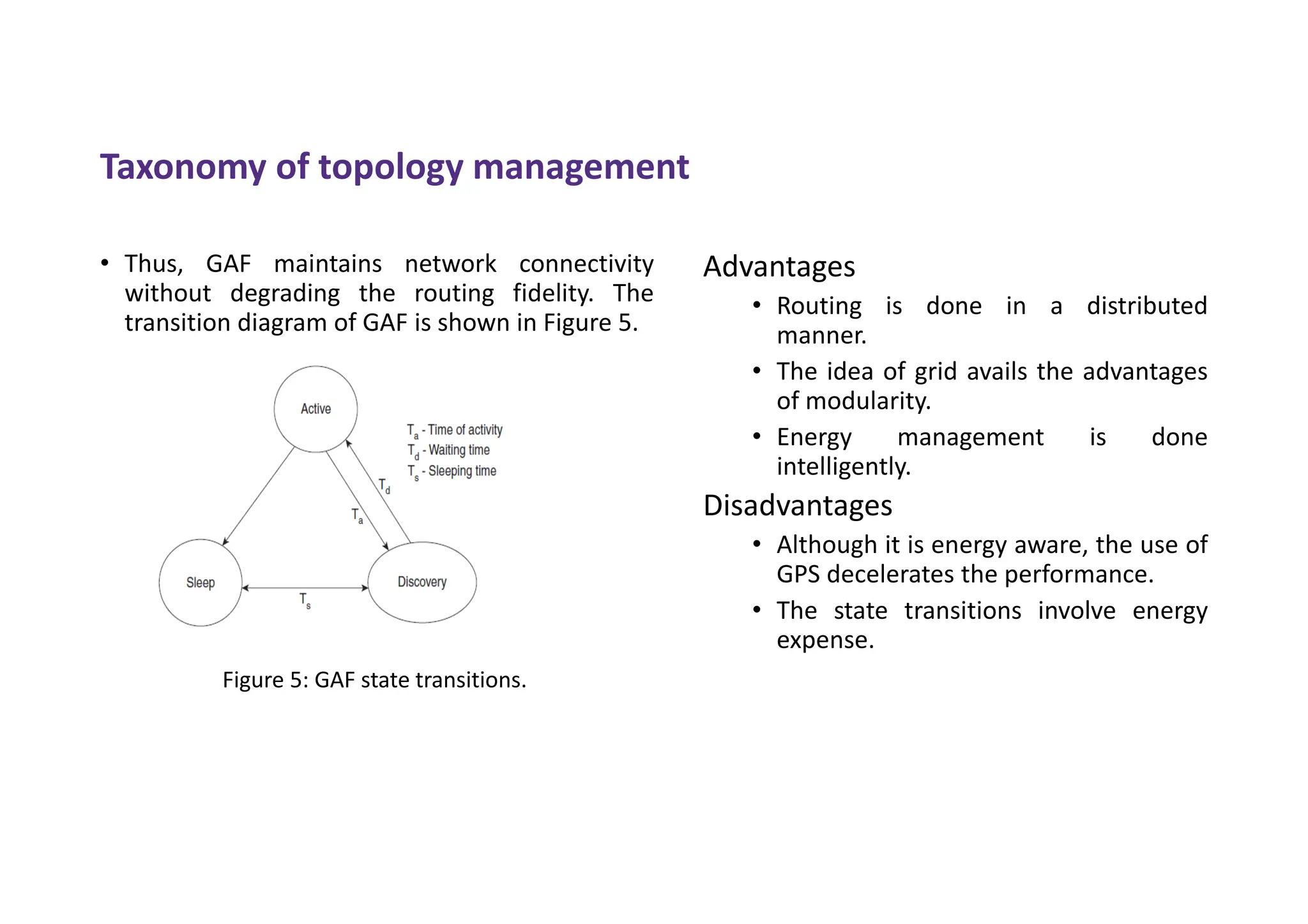 • Thus, GAF maintains network connectivity
without degrading the routing fidelity. The
transition diagram of GAF is shown in Figure 5.
Advantages
• Routing is done in a distributed
manner.
• The idea of grid avails the advantages
of modularity.
• Energy management is done
intelligently.
Disadvantages
• Although it is energy aware, the use of
GPS decelerates the performance.
• The state transitions involve energy
expense.
Taxonomy of topology management
Figure 5: GAF state transitions.
 