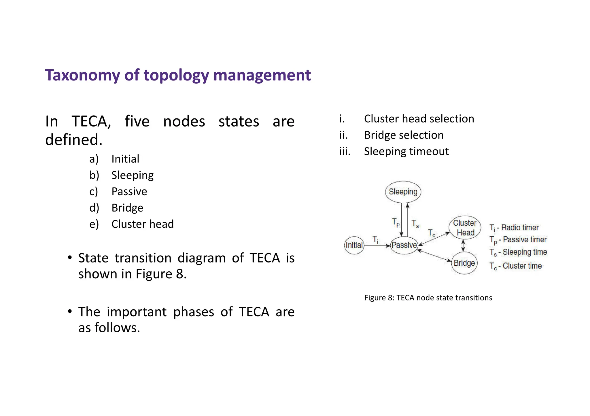 Taxonomy of topology management
In TECA, five nodes states are
defined.
a) Initial
b) Sleeping
c) Passive
d) Bridge
e) Cluster head
• State transition diagram of TECA is
shown in Figure 8.
• The important phases of TECA are
as follows.
i. Cluster head selection
ii. Bridge selection
iii. Sleeping timeout
Figure 8: TECA node state transitions
 