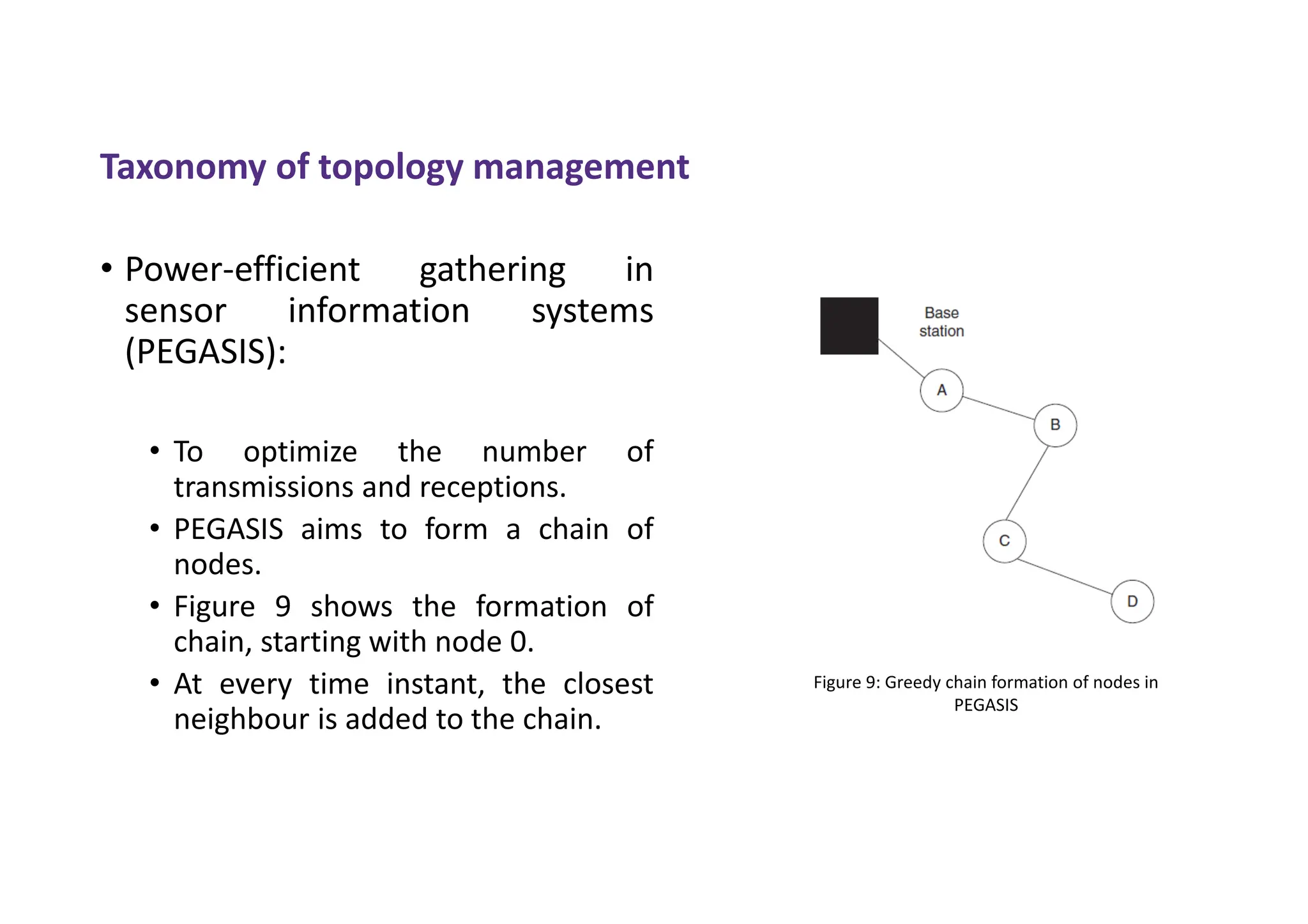 Taxonomy of topology management
• Power-efficient gathering in
sensor information systems
(PEGASIS):
• To optimize the number of
transmissions and receptions.
• PEGASIS aims to form a chain of
nodes.
• Figure 9 shows the formation of
chain, starting with node 0.
• At every time instant, the closest
neighbour is added to the chain.
Figure 9: Greedy chain formation of nodes in
PEGASIS
 