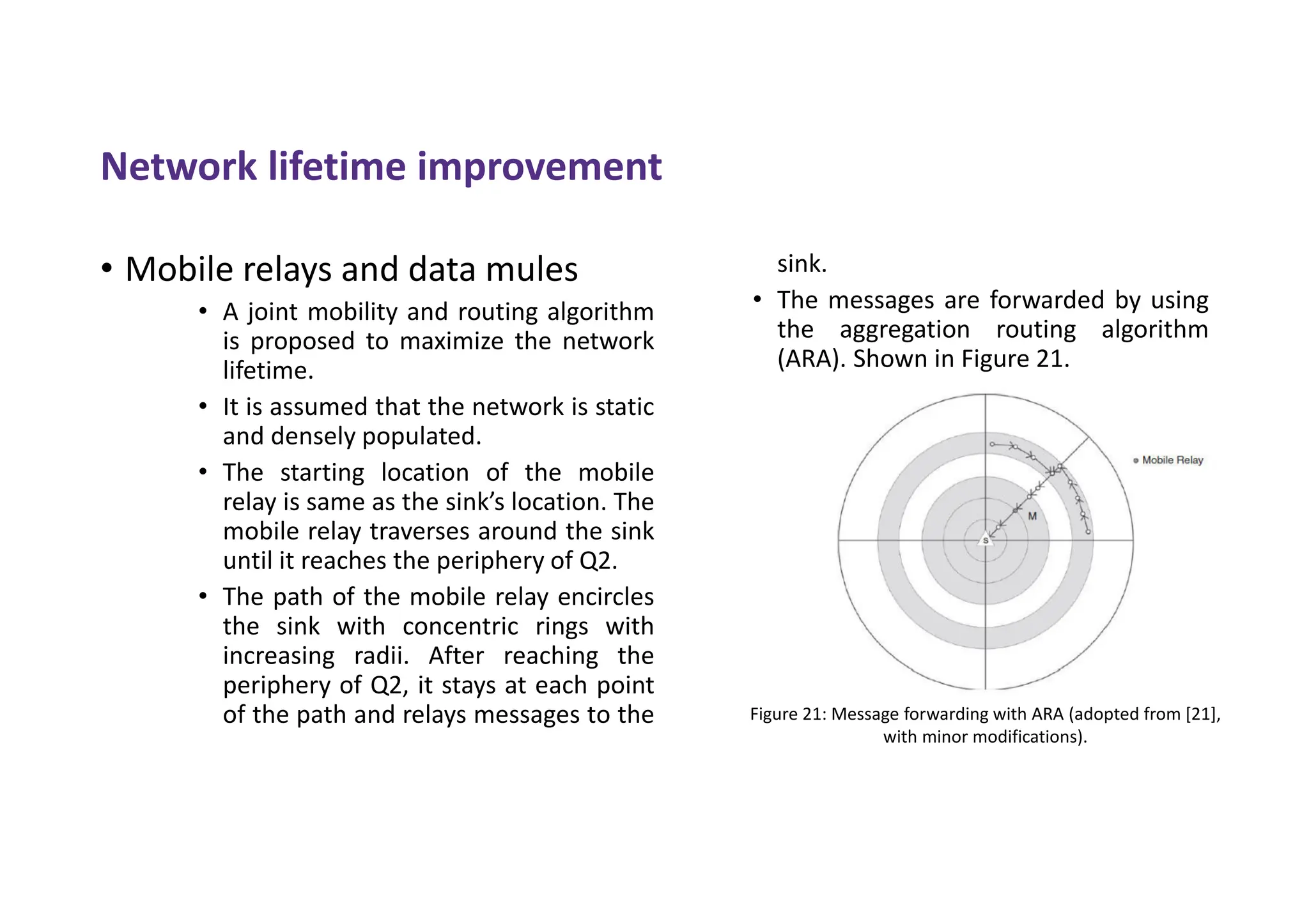 Network lifetime improvement
• Mobile relays and data mules
• A joint mobility and routing algorithm
is proposed to maximize the network
lifetime.
• It is assumed that the network is static
and densely populated.
• The starting location of the mobile
relay is same as the sink’s location. The
mobile relay traverses around the sink
until it reaches the periphery of Q2.
• The path of the mobile relay encircles
the sink with concentric rings with
increasing radii. After reaching the
periphery of Q2, it stays at each point
of the path and relays messages to the
sink.
• The messages are forwarded by using
the aggregation routing algorithm
(ARA). Shown in Figure 21.
Figure 21: Message forwarding with ARA (adopted from [21],
with minor modifications).
 