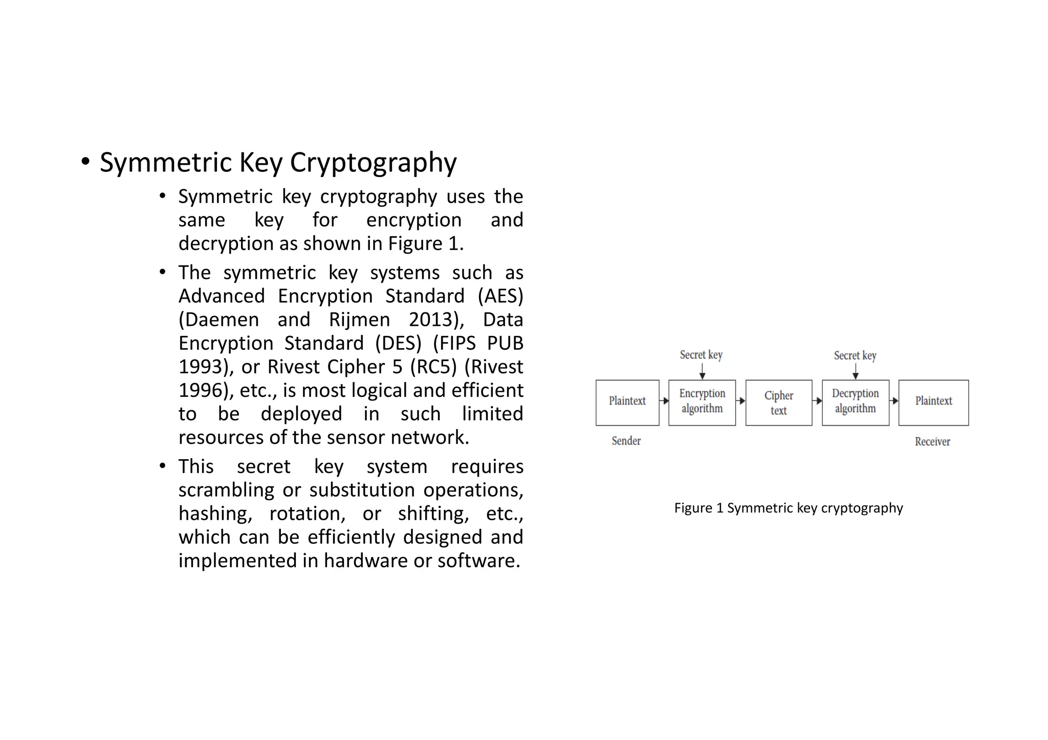 • Symmetric Key Cryptography
• Symmetric key cryptography uses the
same key for encryption and
decryption as shown in Figure 1.
• The symmetric key systems such as
Advanced Encryption Standard (AES)
(Daemen and Rijmen 2013), Data
Encryption Standard (DES) (FIPS PUB
1993), or Rivest Cipher 5 (RC5) (Rivest
1996), etc., is most logical and efficient
to be deployed in such limited
resources of the sensor network.
• This secret key system requires
scrambling or substitution operations,
hashing, rotation, or shifting, etc.,
which can be efficiently designed and
implemented in hardware or software.
Figure 1 Symmetric key cryptography
 